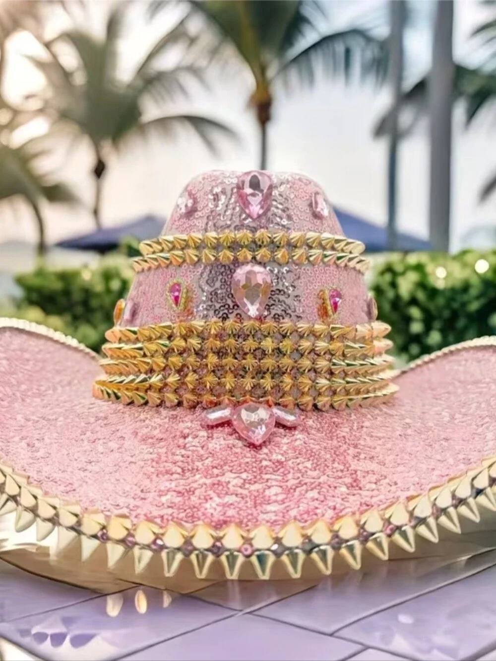 Sequined Pink Cowboy Hat with Gold Stud Accents - Women Accessories